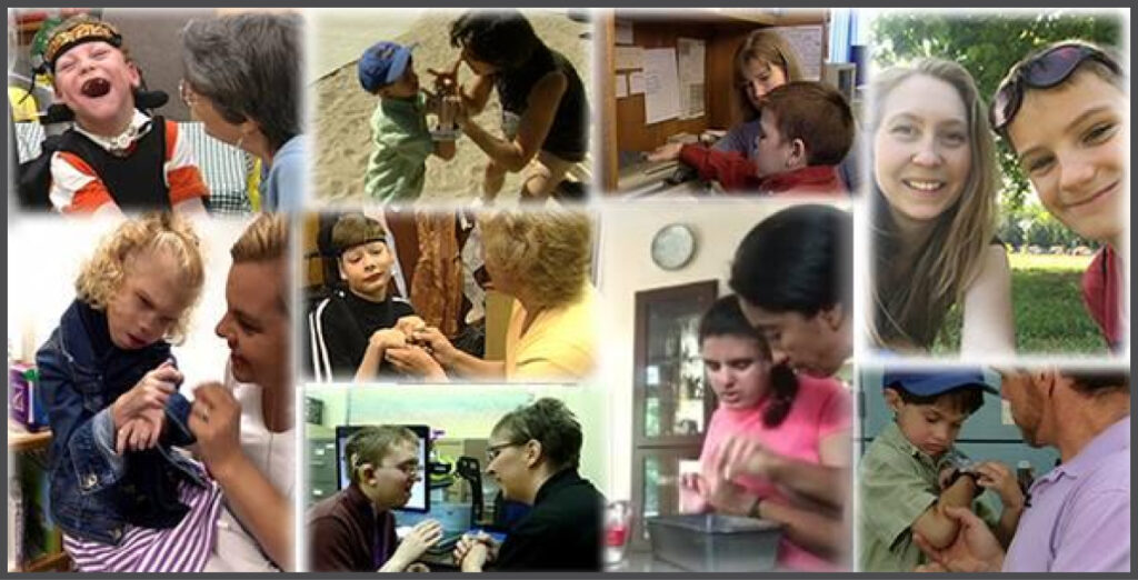 Collage of deafblind children and interveners